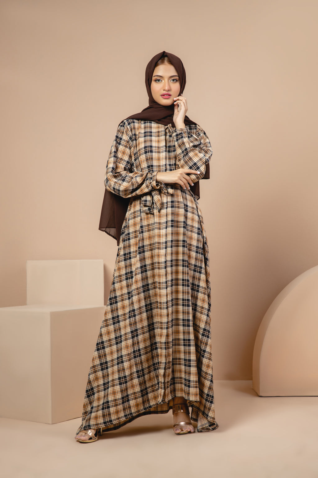 Brown Checkered Maxi Dress