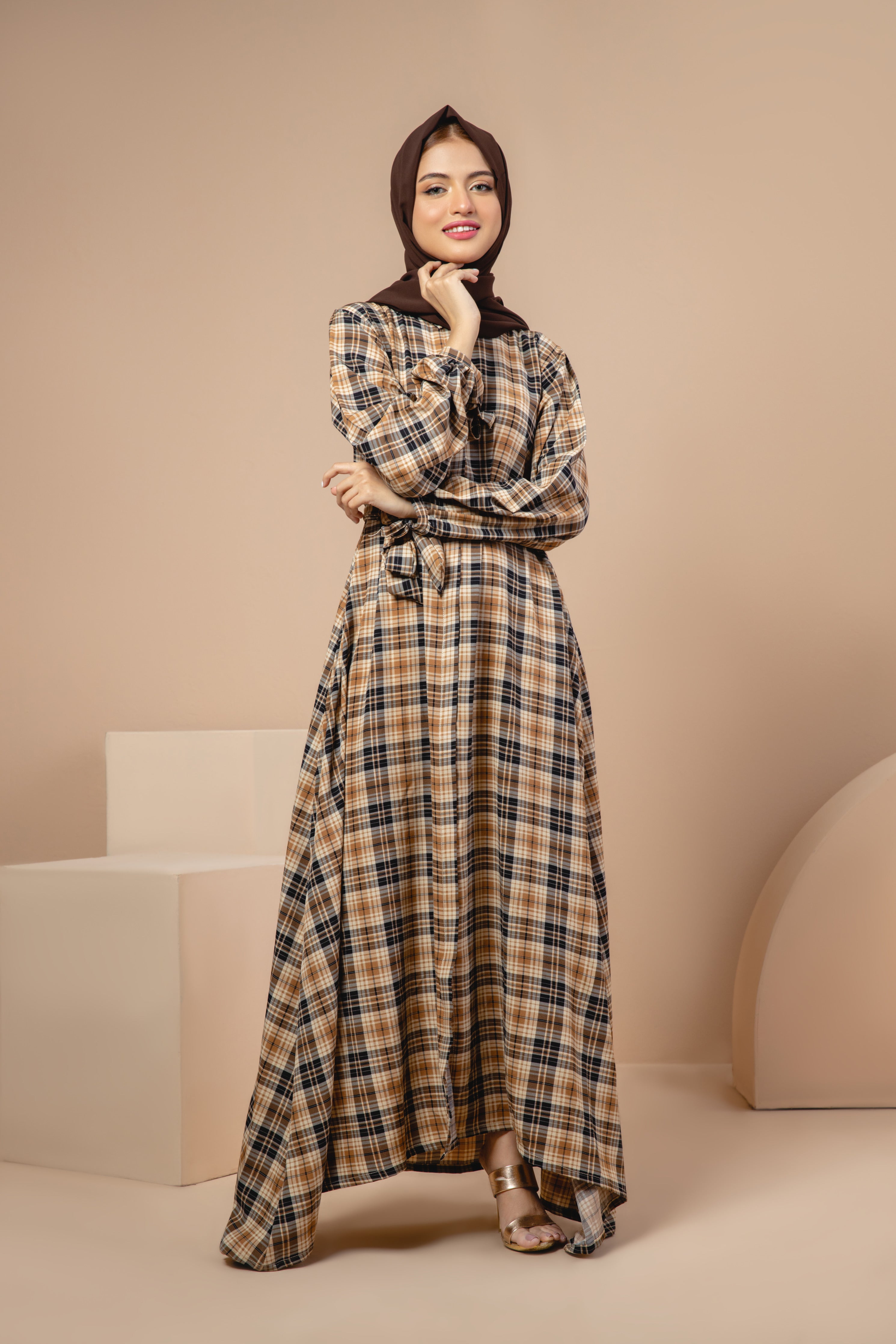 Brown Checkered Maxi Dress De Valeur PK Brown Checkered Maxi Dress De Valeur PK