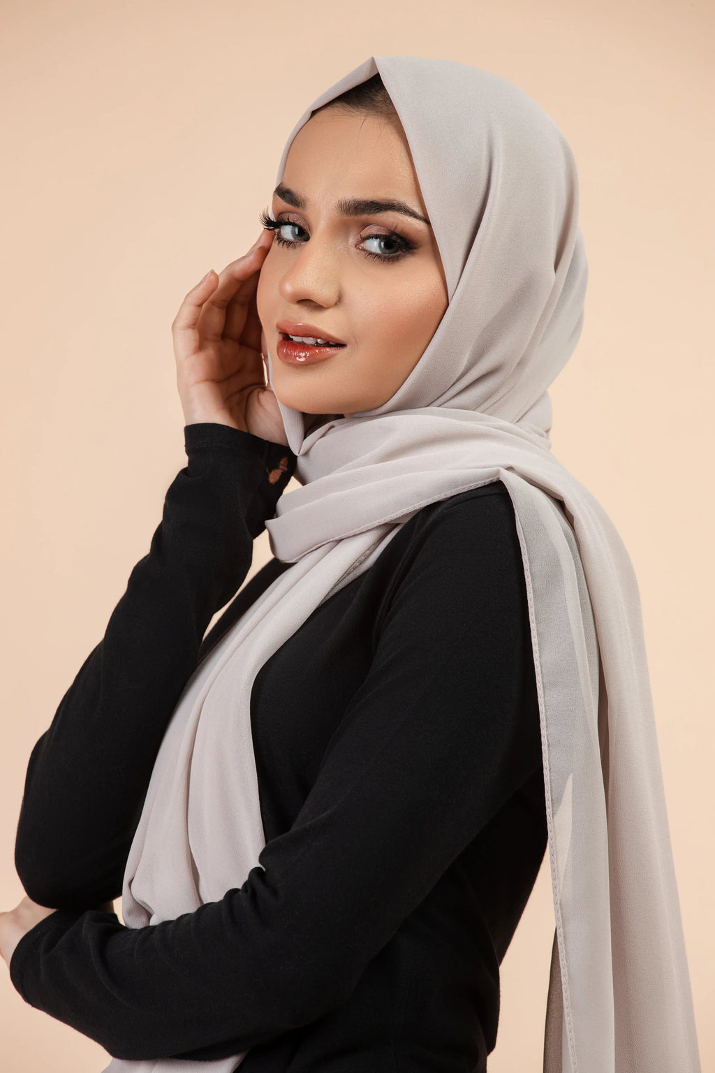 Premium Georgette - Ivory Georgette Hijab worn by model, lightweight and flowy drape.