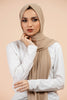 Premium Georgette - Khaki Georgette Hijab worn by model, lightweight and flowy drape.