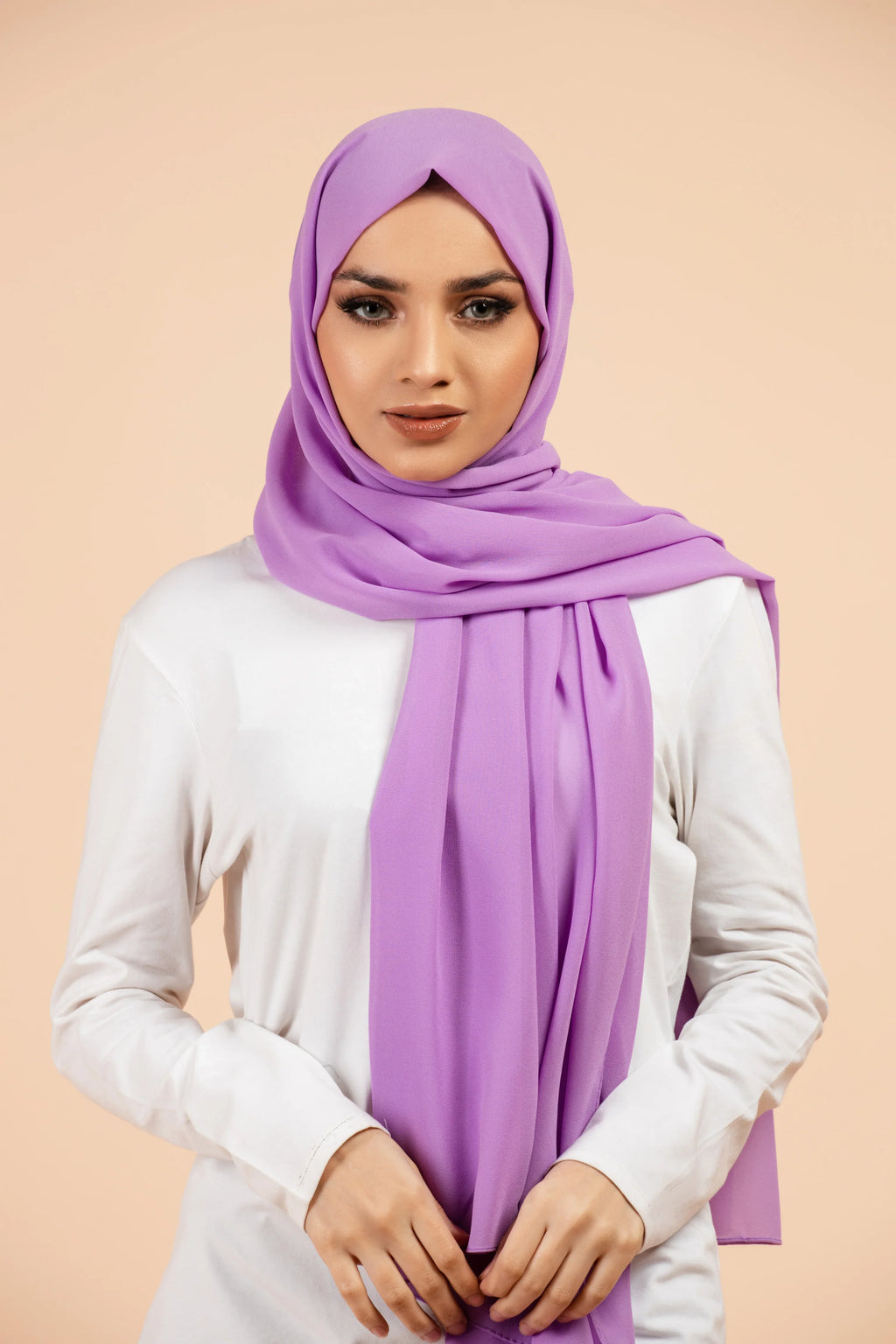 Premium Georgette - Lavender Georgette Hijab worn by model, lightweight and flowy drape.