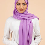 Premium Georgette - Lavender Georgette Hijab worn by model, lightweight and flowy drape.