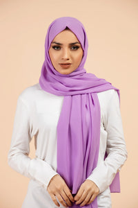 Premium Georgette - Lavender Georgette Hijab worn by model, lightweight and flowy drape.