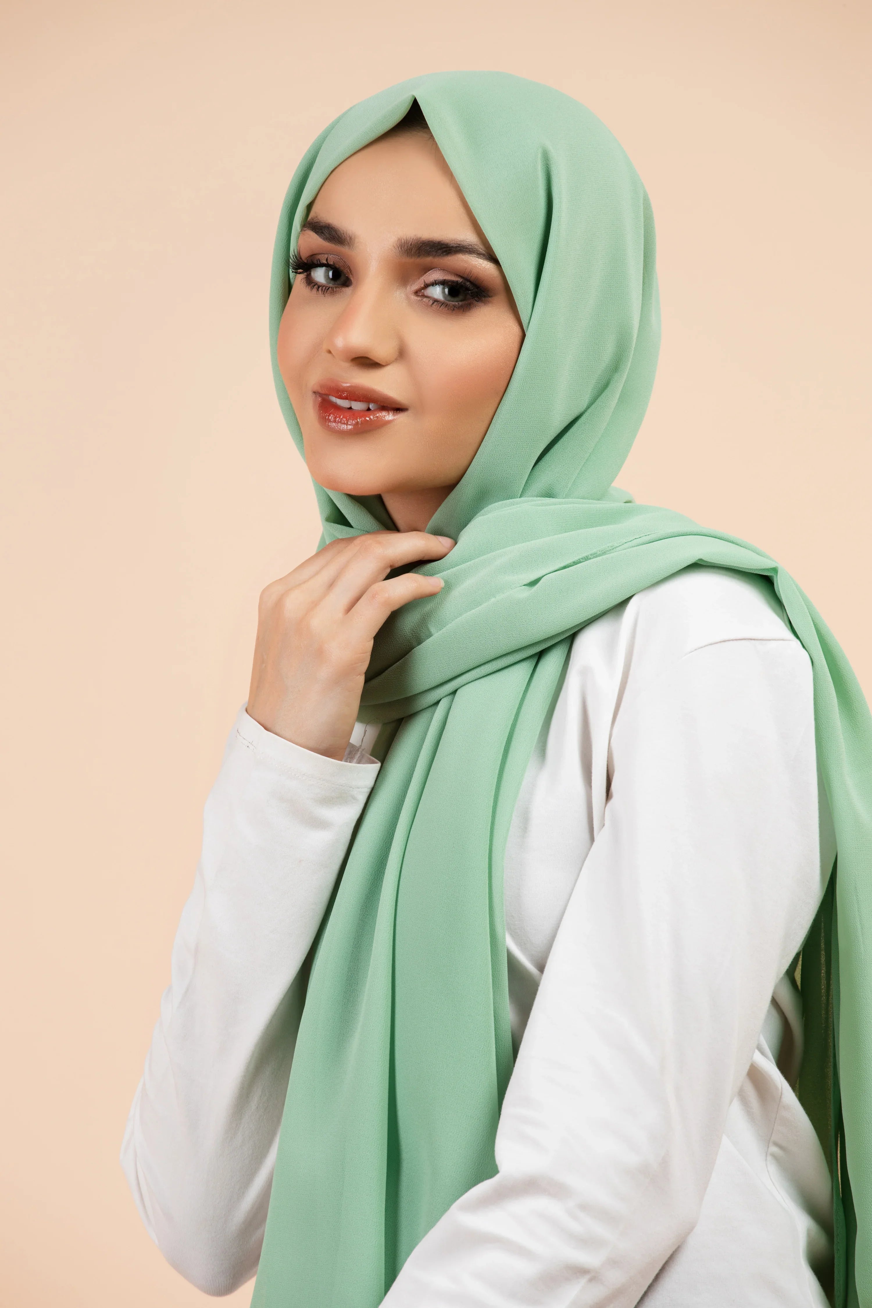 Premium Georgette - Mint Georgette Hijab close-up of smooth georgette fabric texture.