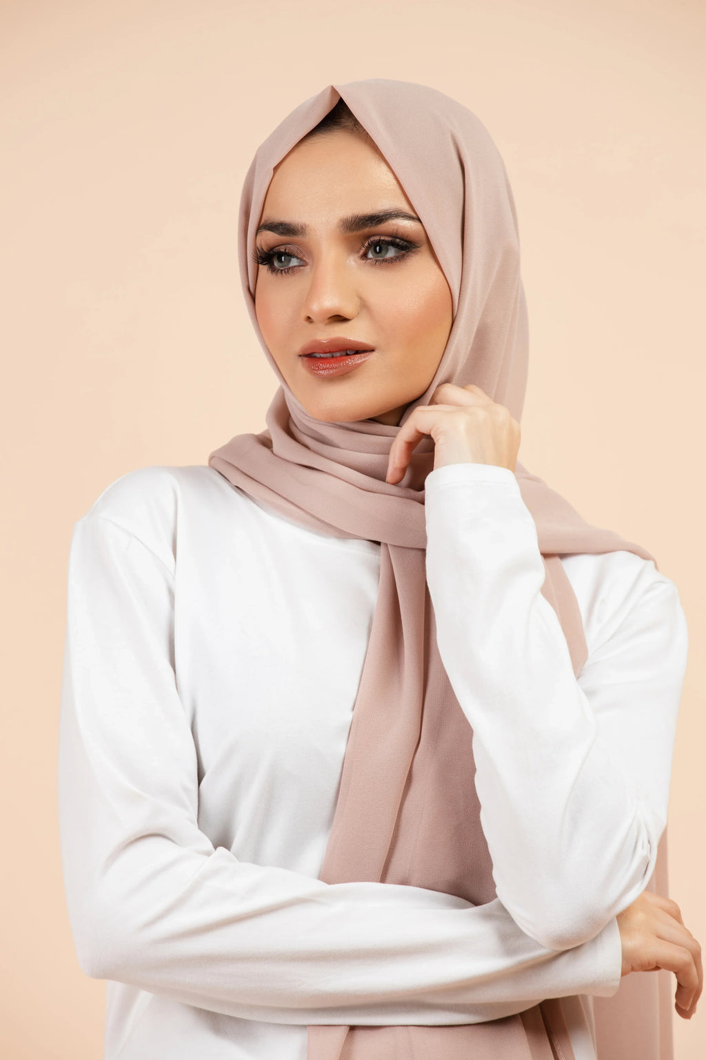 Premium Georgette - Mushroom Georgette Hijab worn by model, lightweight and flowy drape.