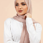 Premium Georgette - Mushroom Georgette Hijab worn by model, lightweight and flowy drape.