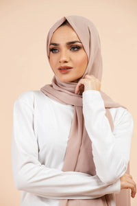 Premium Georgette - Mushroom Georgette Hijab worn by model, lightweight and flowy drape.