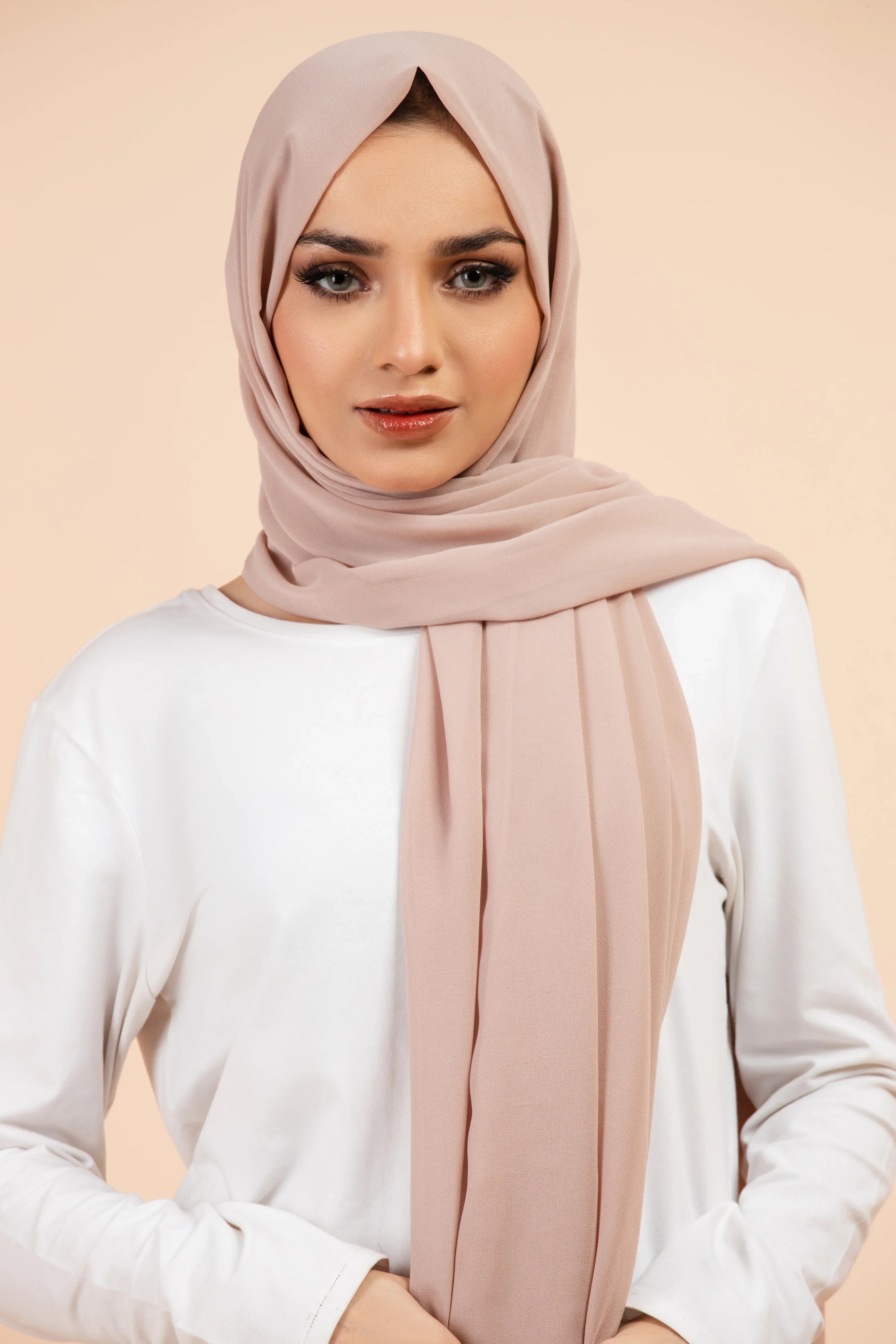 Premium Georgette - Mushroom Georgette Hijab close-up of smooth georgette fabric texture.