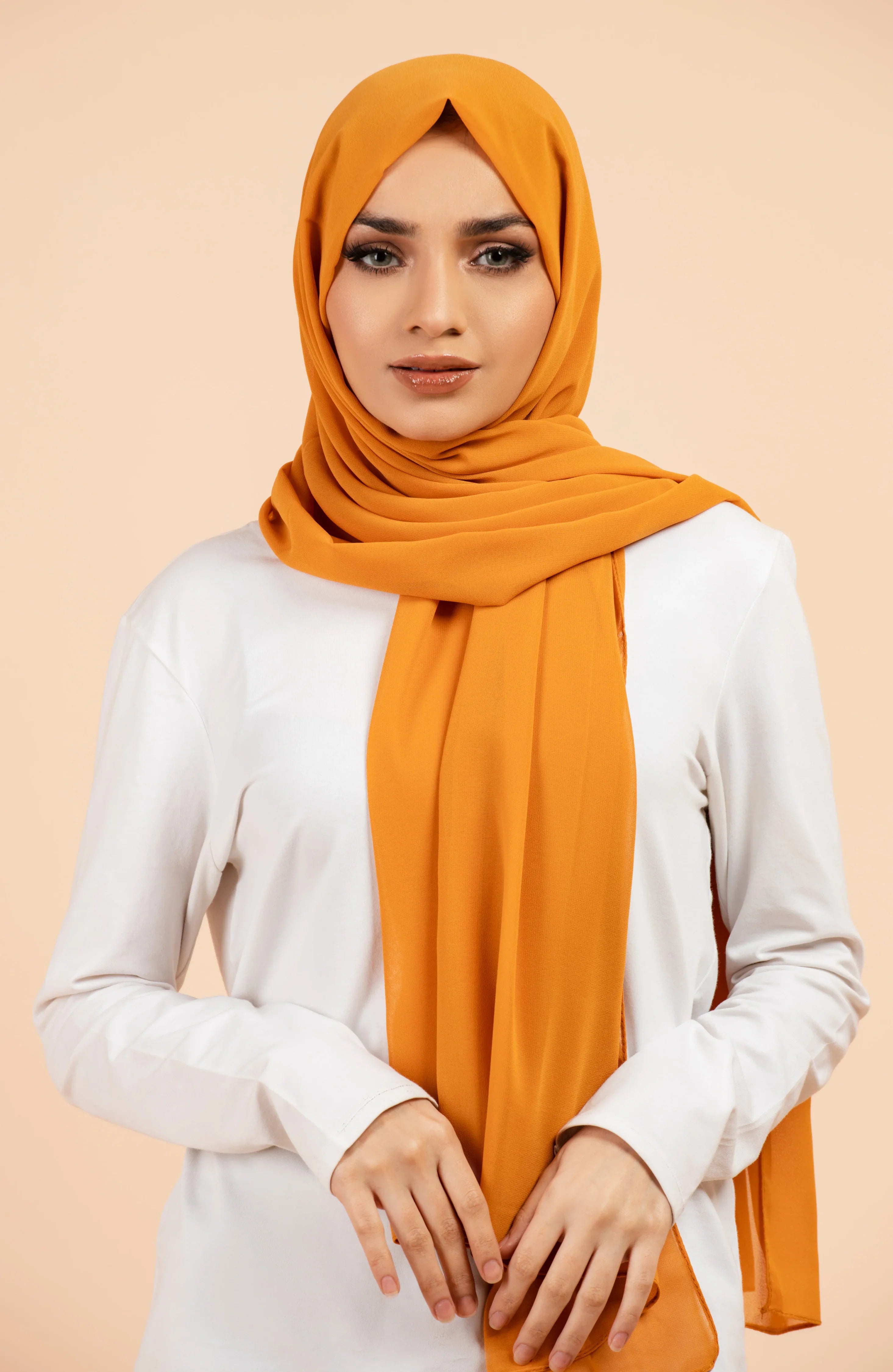 Premium Georgette - Mustard Georgette Hijab close-up of smooth georgette fabric texture.