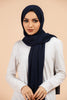 Premium Georgette - Navy Blue Georgette Hijab worn by model, lightweight and flowy drape.