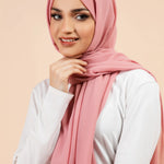 Premium Georgette - Nude Pink Georgette Hijab worn by model, lightweight and flowy drape.