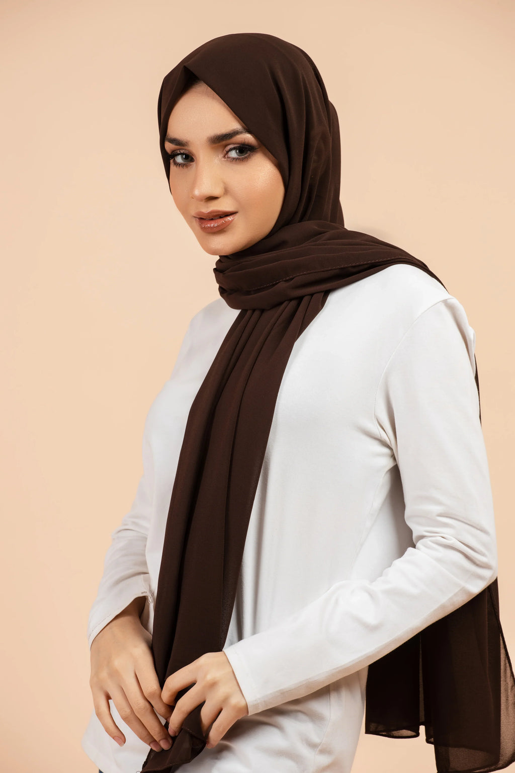 Premium Georgette - Nutella Georgette Hijab worn by model, lightweight and flowy drape.