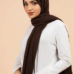 Premium Georgette - Nutella Georgette Hijab worn by model, lightweight and flowy drape.