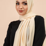 Premium Georgette - Oatmeal Georgette Hijab worn by model, lightweight and flowy drape.