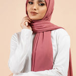 Premium Georgette - Orchid Georgette Hijab worn by model, lightweight and flowy drape.