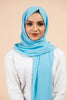 Premium Georgette - Pacific Blue Georgette Hijab worn by model, lightweight and flowy drape.