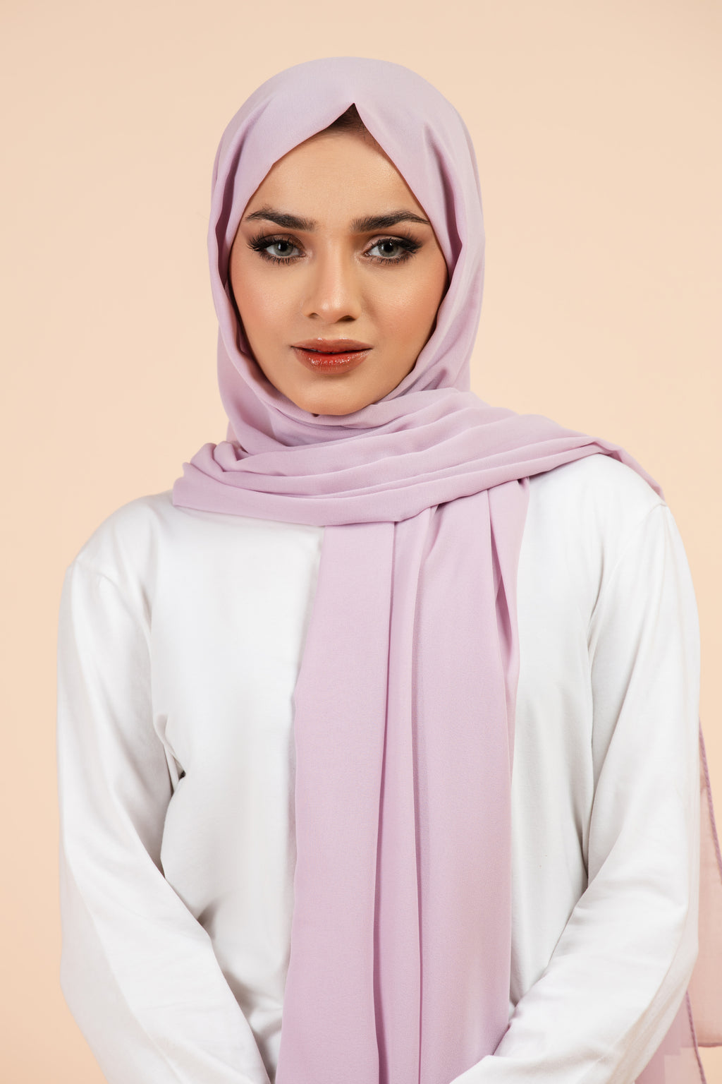 Premium Georgette - Periwinkle Georgette Hijab worn by model, lightweight and flowy drape.