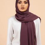 Premium Georgette - Purple Georgette Hijab worn by model, lightweight and flowy drape.