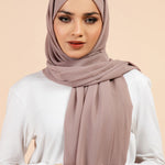 Premium Georgette - Rose Taupe Georgette Hijab worn by model, lightweight and flowy drape.