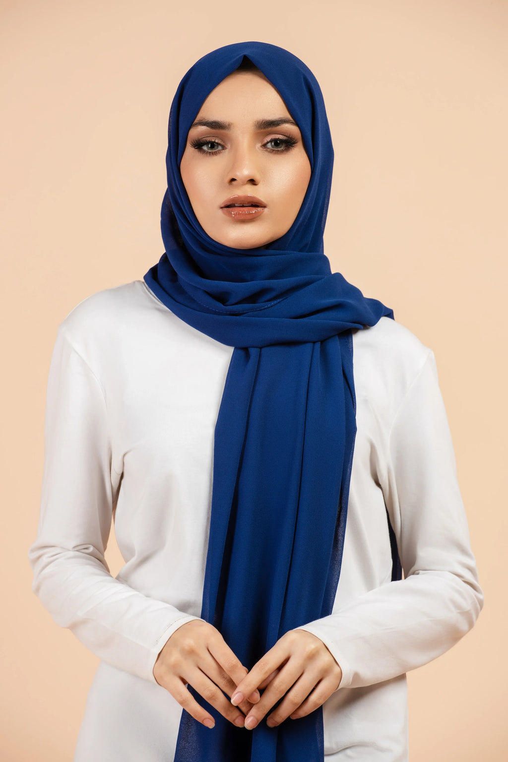 Premium Georgette - Royal Blue Georgette Hijab worn by model, lightweight and flowy drape.