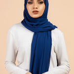Premium Georgette - Royal Blue Georgette Hijab worn by model, lightweight and flowy drape.