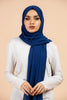 Premium Georgette - Royal Blue Georgette Hijab worn by model, lightweight and flowy drape.