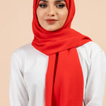 Premium Georgette - Russian Red Georgette Hijab worn by model, lightweight and flowy drape.