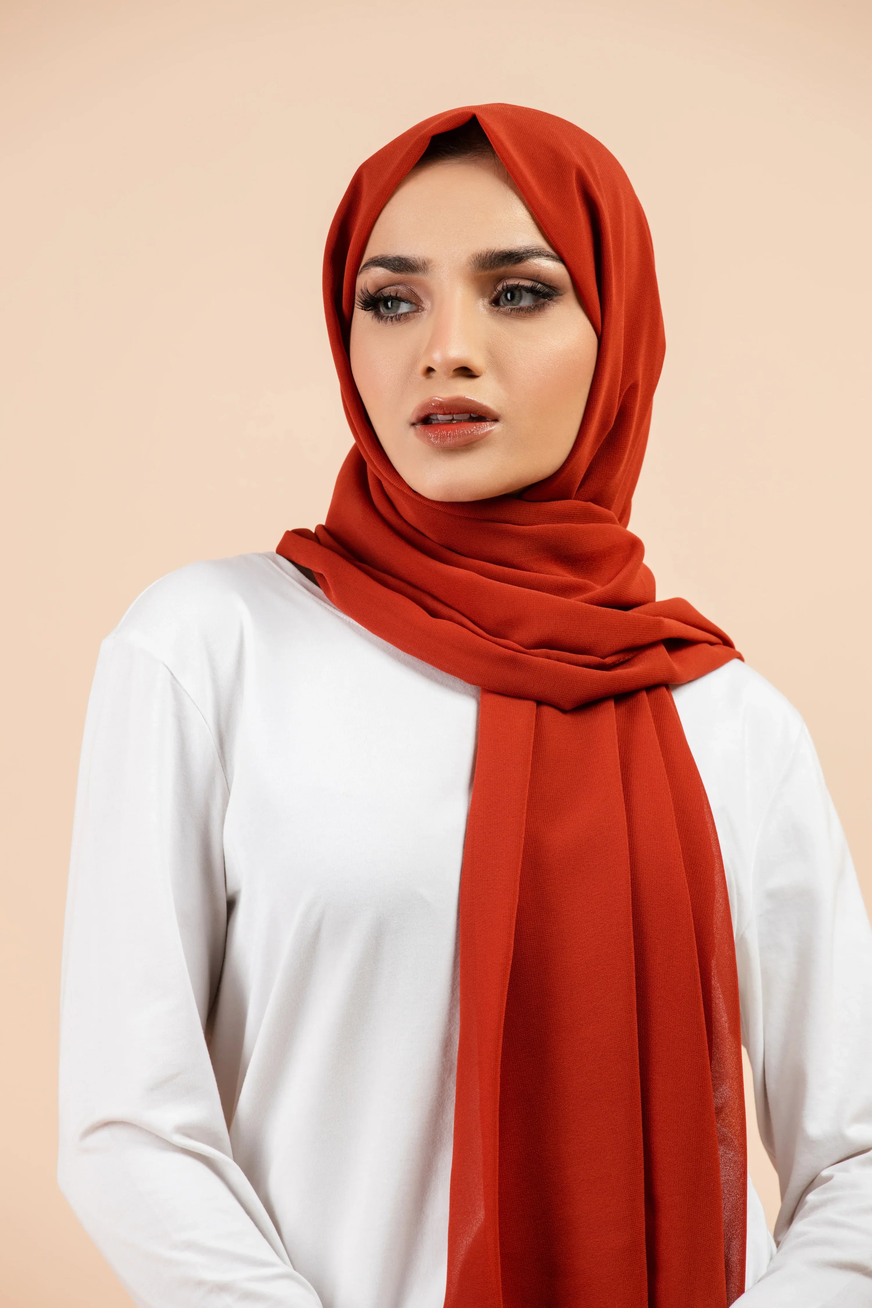 Premium Georgette - Rust Georgette Hijab close-up of smooth georgette fabric texture.