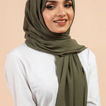 Premium Georgette - Sage Georgette Hijab worn by model, lightweight and flowy drape.