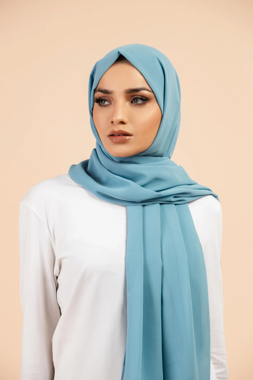 Premium Georgette - Sapphire Georgette Hijab worn by model, lightweight and flowy drape.