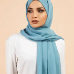Premium Georgette - Sapphire Georgette Hijab worn by model, lightweight and flowy drape.