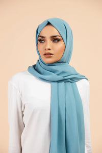 Premium Georgette - Sapphire Georgette Hijab worn by model, lightweight and flowy drape.