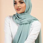 Premium Georgette - Seafoam Georgette Hijab worn by model, lightweight and flowy drape.
