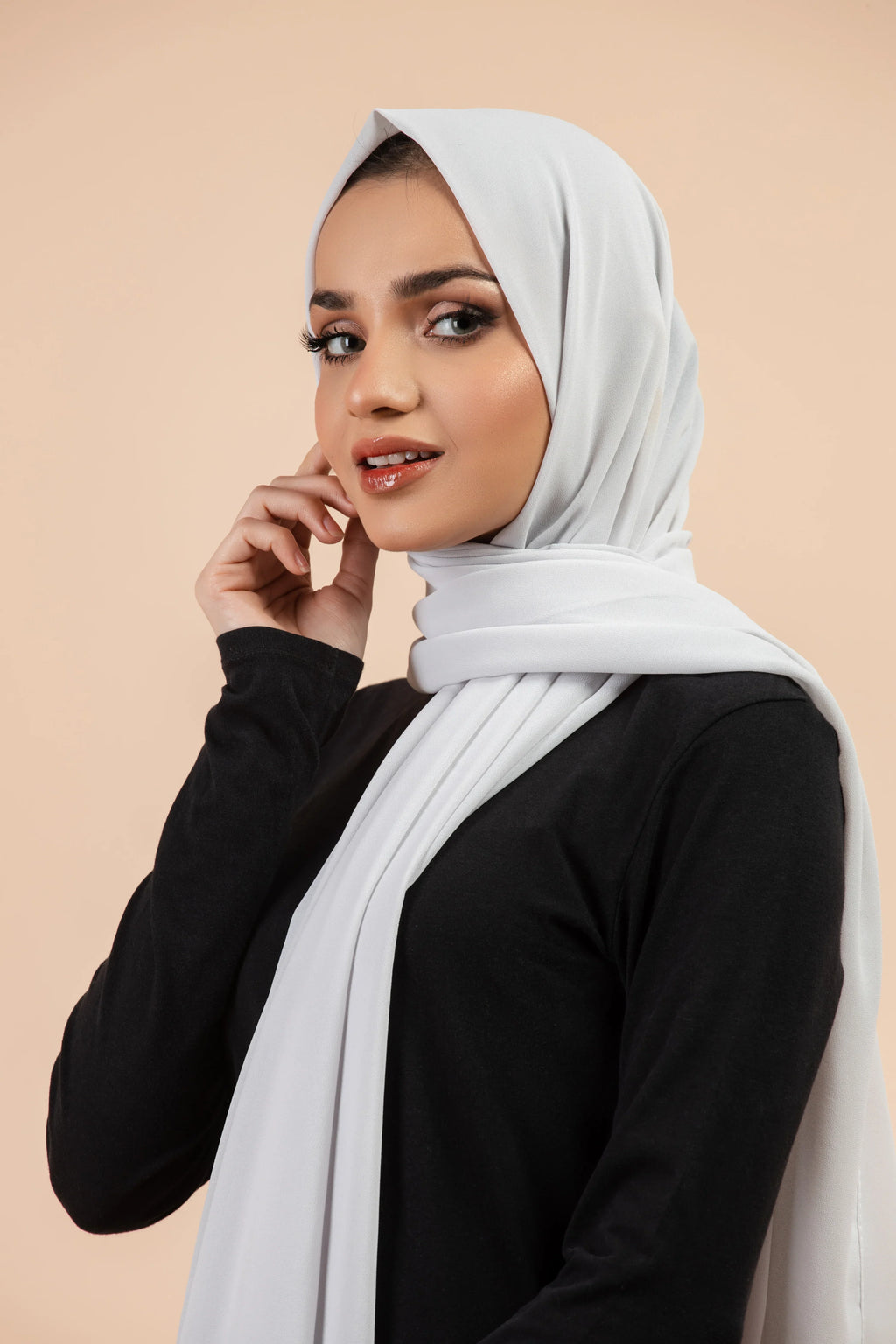 Premium Georgette - Silver Grey Georgette Hijab worn by model, lightweight and flowy drape.