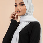 Premium Georgette - Silver Grey Georgette Hijab worn by model, lightweight and flowy drape.