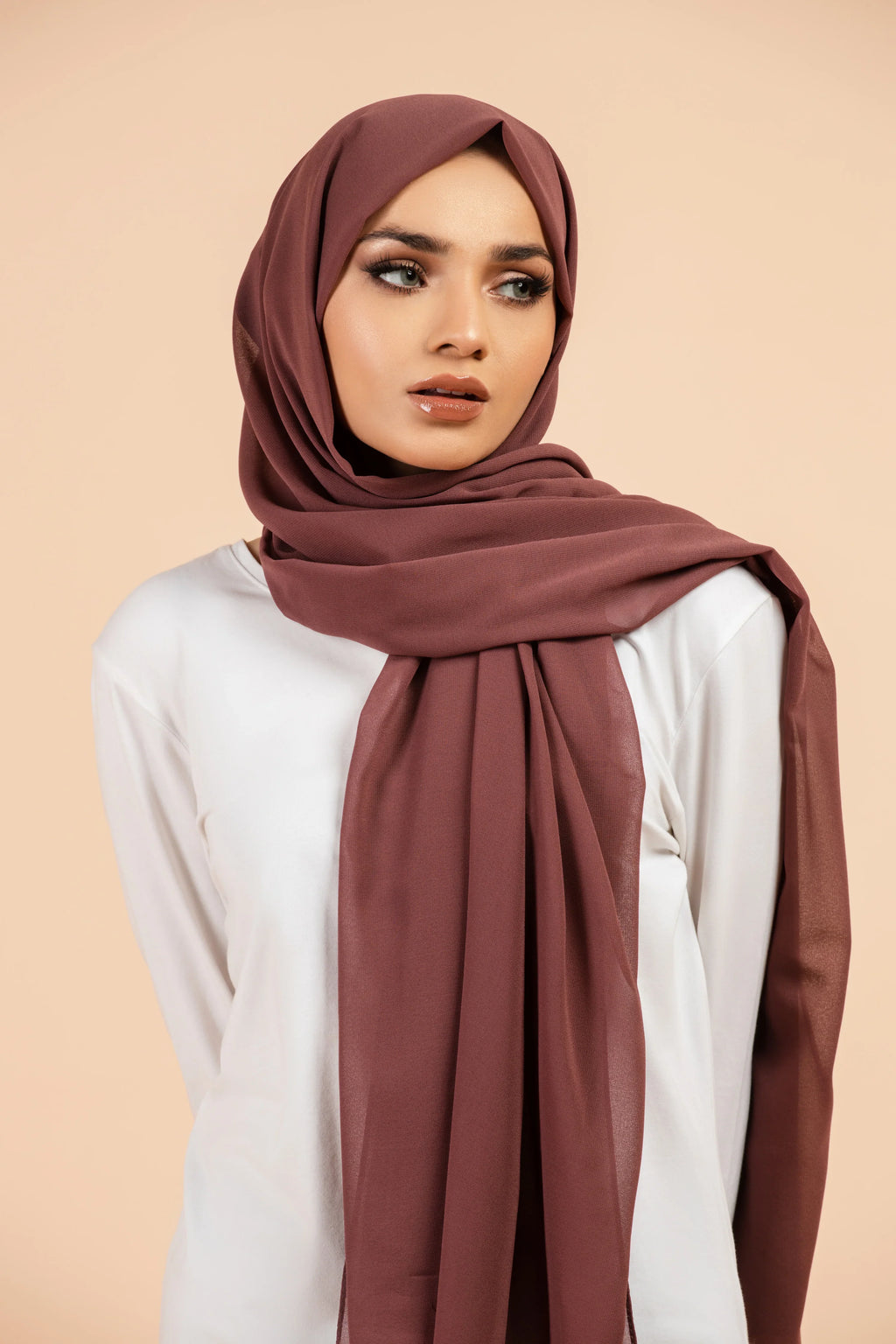 Premium Georgette - Sugarplum Georgette Hijab worn by model, lightweight and flowy drape.
