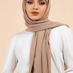 Premium Georgette - Taupe Georgette Hijab worn by model, lightweight and flowy drape.
