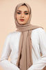 Premium Georgette - Taupe Georgette Hijab worn by model, lightweight and flowy drape.