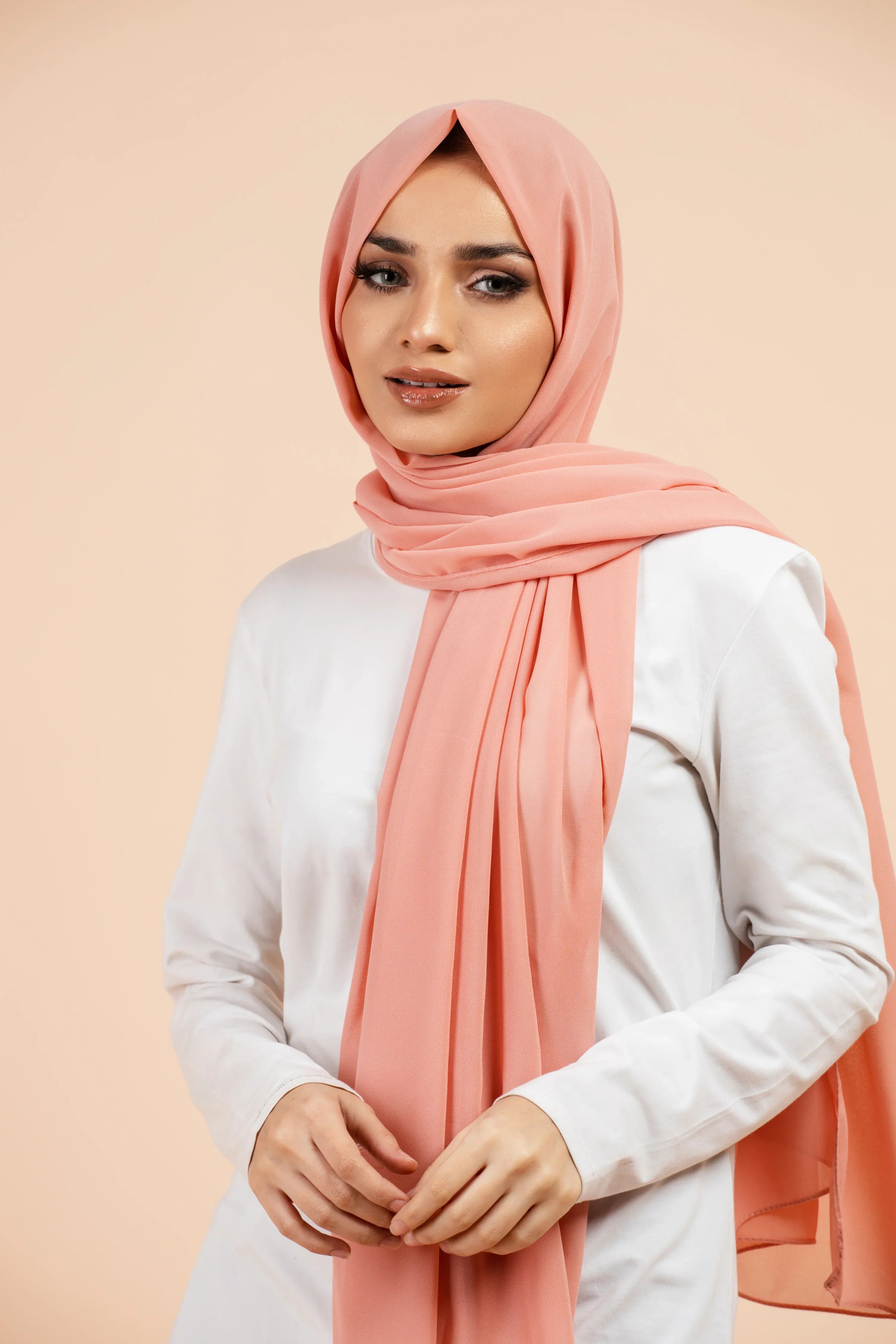 Premium Georgette - Warm Peach Georgette Hijab close-up of smooth georgette fabric texture.