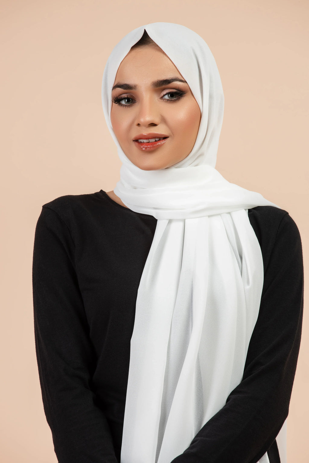 Premium Georgette - White Georgette Hijab worn by model, lightweight and flowy drape.