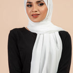 Premium Georgette - White Georgette Hijab worn by model, lightweight and flowy drape.